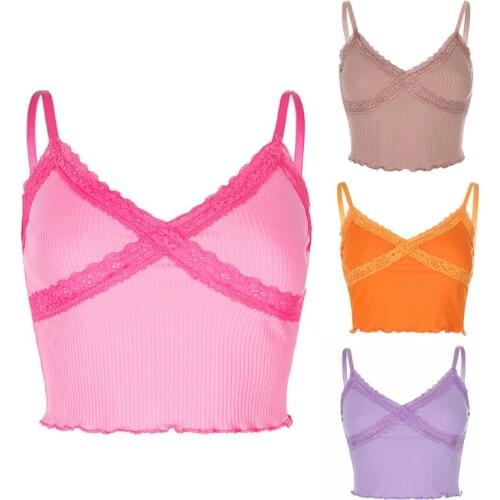 Women Spaghetti Strap Ribbed Crop Top Sexy V-Neck Cross Lace Ruffles Camis Vest F3MD