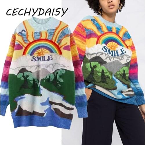 Women Sweater 2021 Autumn Winter Clothes O-Neck Smille Rainbow Striped High Street Loose Casual Long Pullover Jumper Traf Top Za