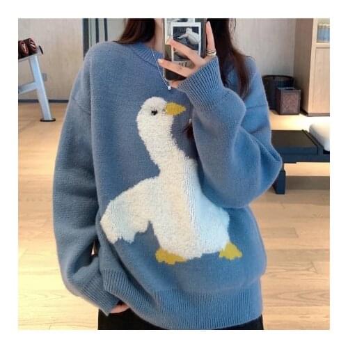 Knitted Womens Fashion Casual Loose Korean Round Neck Long Sleeve Sweet Cartoon Goose Print Loose 2021 Spring And Autumn New