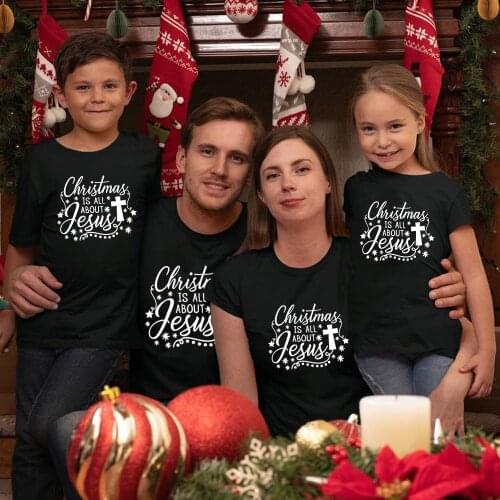 1pc Christmas Is All about Jesus Christmas Family Matching T-shirt Xmas Mom Dad Kids T Shirt Short Sleeve Holiday Party Clothes