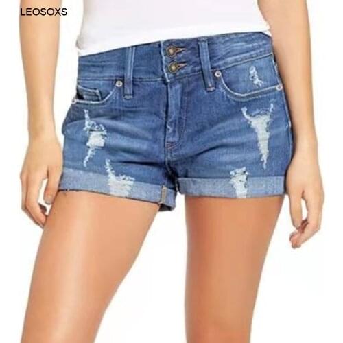 2021 Summer New Cotton Denim Straight Shorts Temperament Casual Blue Mid Waist Wash Light JeansTwo Button Jeans