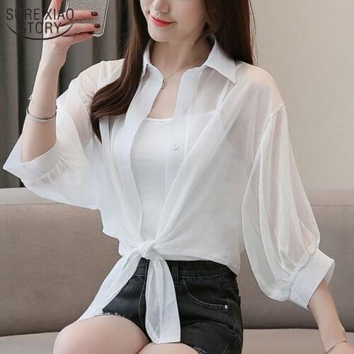 2021 Summer New Half Sleeve Buttoned Up Shirt Loose Casual Blouse Chiffon Shirts Women Tied Waist Elegant Blouses for Women 1358