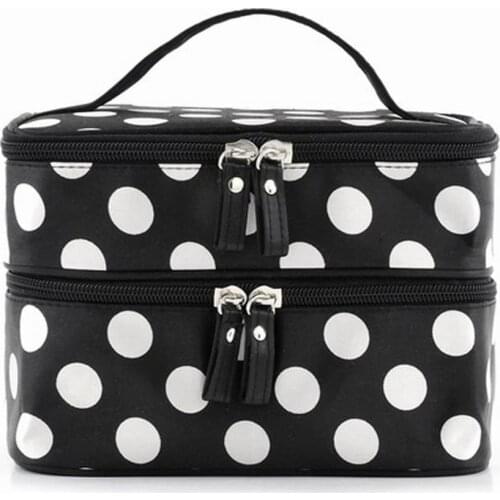 Black Large Capacity Cosmetic Bag Woman Dots Portable Storage Makeup Bags Canvas Beauty Organiser Handbag Big Travel Bag