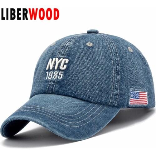 Denim Solid Blue Jeans NEW YORK City 1985 American Flag Baseball Hat Cap Cowboy Dad Hat Curved Ball Cap USA Distressed Vintage
