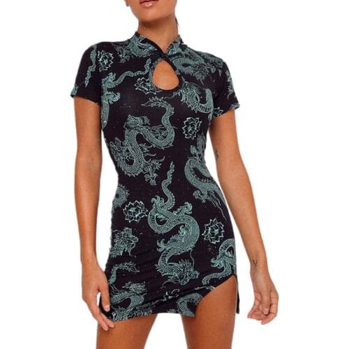 Hirigin Summer Chinese-style Dragon Print Cheongsam Dress Women Slim Split One-piece Dress Vintage Clothes