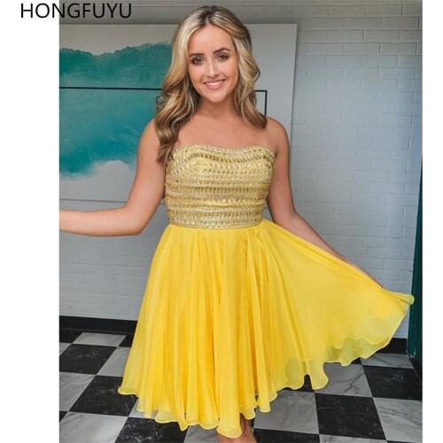 HONGFUYU Yellow Sexy Homecoming Dresses 2021 Strapless Chiffon Beading Bodice robe Cocktail Party Gowns A-line Short Prom Dress