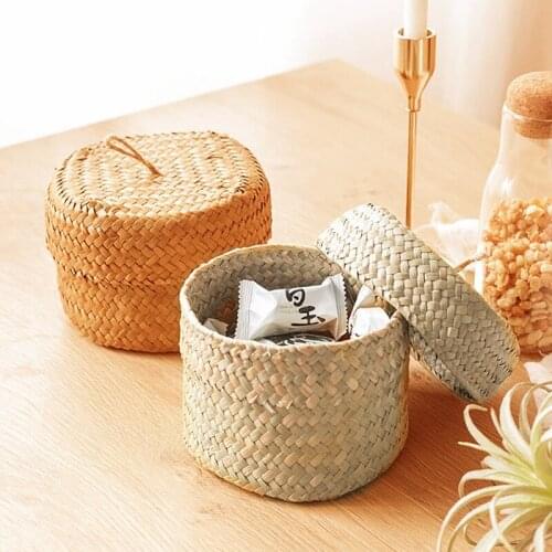 Handwoven Storage Baskets Rattan Storage Basket with Lid Seagrass Organiser for Snack Cosmetics Sundries Organiser Desktop Decor