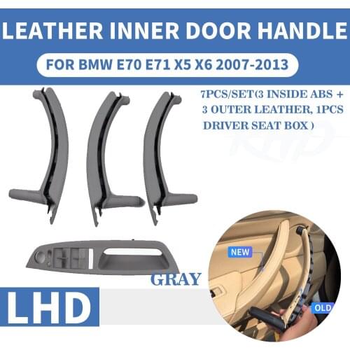 LHD Left Hand Gray Leather Assembly Car Front Rear Interior Inner Door Pull Handle Trim Cover Panel For BMW E70 E71 X5 X6 07-13