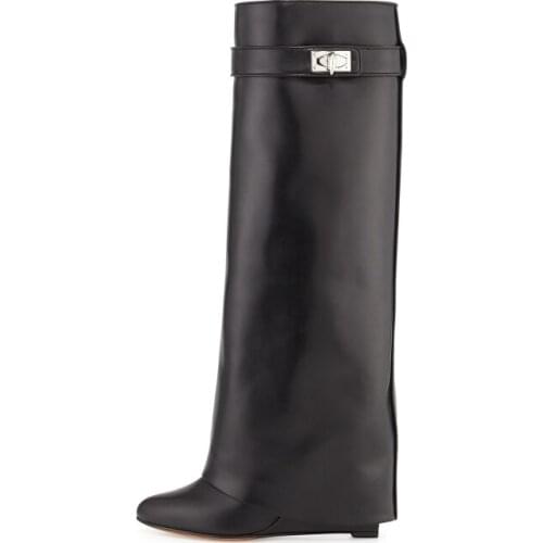 Hot Selling Shark Lock Leather Boots Gold Metal Wedge Boots Knee-high Fold-Over Winter Long Boots For Woman Black Red Big Size10