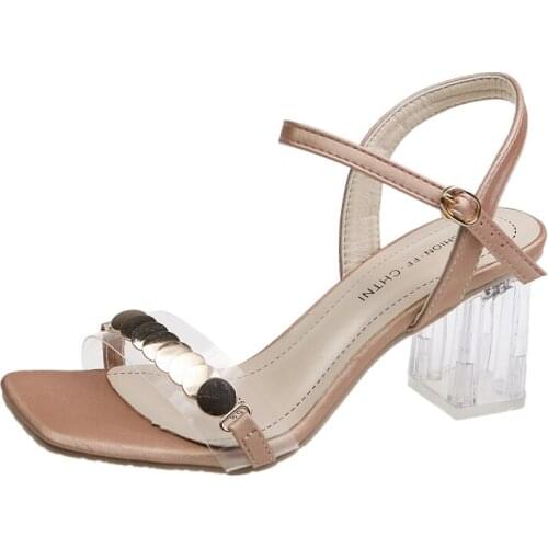 Fashion Clear heels Transparen Crystal Sandals Women gold Shoes square Heel Womans Beach Sandales lady bling high heels Summer
