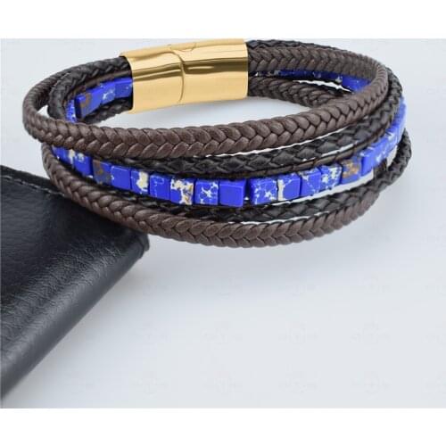 Fashion Natural Stone Braided Bracelet Wrap Leather Bracelet Mens Womens Punk Stainless Steel Jewelry Gifts