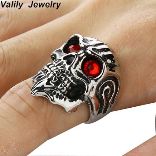 Valily Mens Skull Rings Motor Biker Punk Rock Skull band Ring with Red Eye Stainless Steel Fashion Punk Skeleton Golden Rings