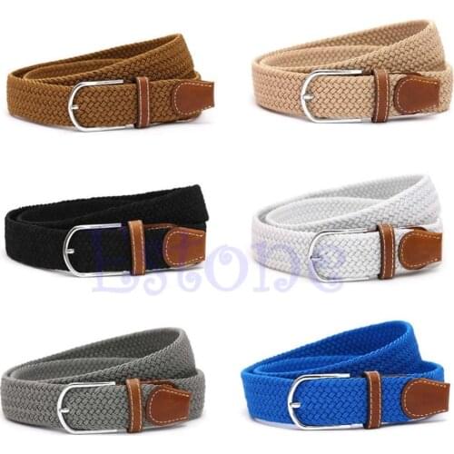 Men Leather Braided Elastic Stretch Cross Buckle Casual Belt Waistband