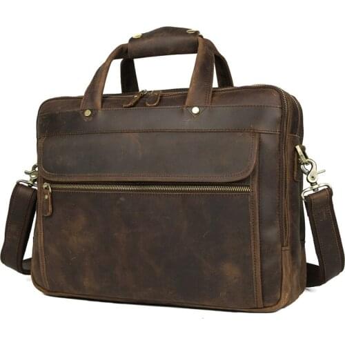 Nesitu New Vintage Brown Thick Genuine Crazy Horse Leather Men Briefcase Portfolio 14'' 15.6'' Laptop Male Messenger Bags M7388