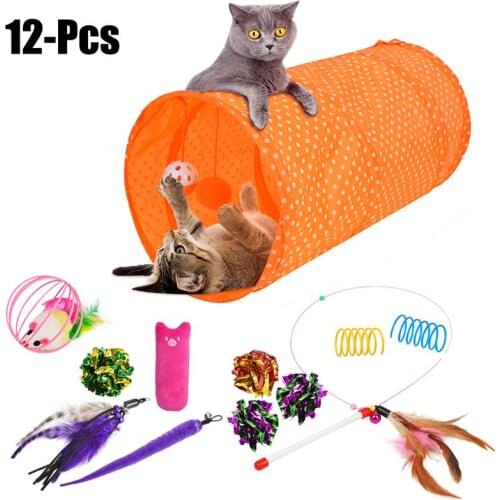 12PCS Pet Toy Set Collapsible Funny Playing Tunnel Toys Pet Tube Toys Cat Toys with Hanging Bell for Kittens