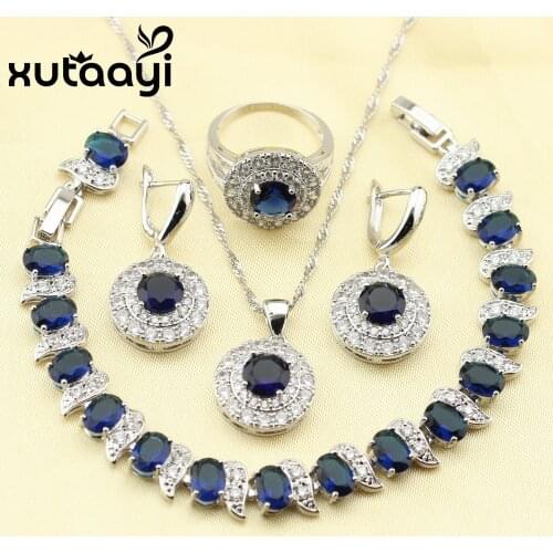 XUTAAYI Blue Zircon Crystal Silver Color, Bridal Jewelry Sets For Women Necklace Pendant Bracelets Earrings Rings