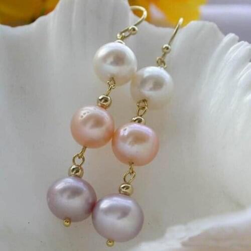 New Arrival Favorite Pearl Gold Dangle Earring 10mm White Pink Lavender Freshwater Pearl Fine Jewelry Wedding Lady Gift