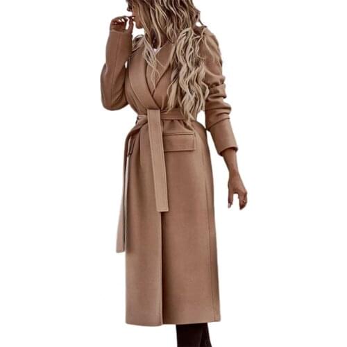 Autumn Womens Coat Solid Color Cardigan Thick Turn-down Collar Long Women Belt Jacket for Work