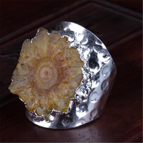 Polished yellow geode crystal stone slice bead charm open metal wide wrap hammered resizable ring cuff for woman man