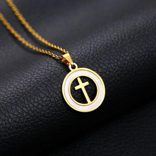 SONYA New Shell Cross Necklaces& Pendants For Women Stainless Steel Gold Color Round Pendant Necklaces Jewelry Bijoux