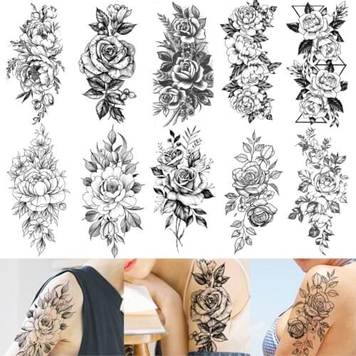 Flower Rose Temporary Tattoos For Women Waterproof Fake Body Art Arm Sketch Tattoo Stickers Shoulder Arm Leaf Tatoo For Adults