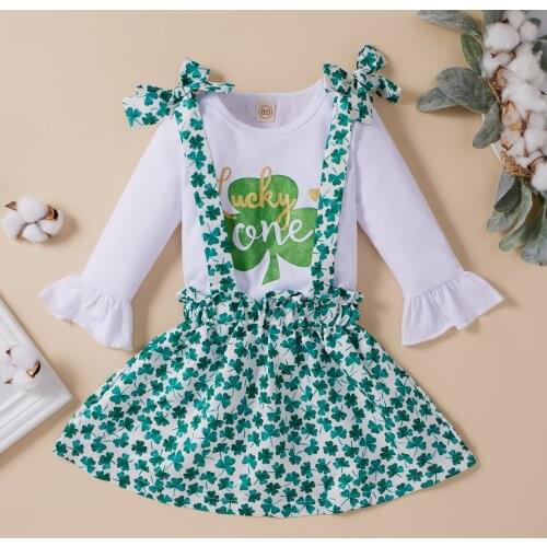 Telotuny Toddler Kids Girls Ruched Ruffles Girl St. Patricks Day Clovers Lovely Long Sleeve Tops+bowknot Suspender Skirt Set