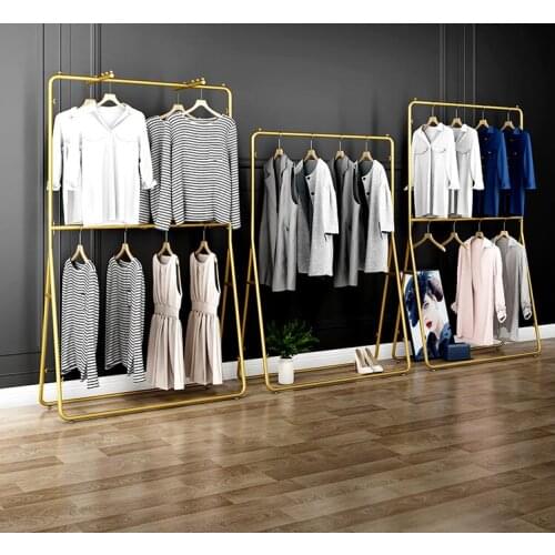 Clothing store display rack floor type clothes rack double layer gold simple clothes rack display shelf