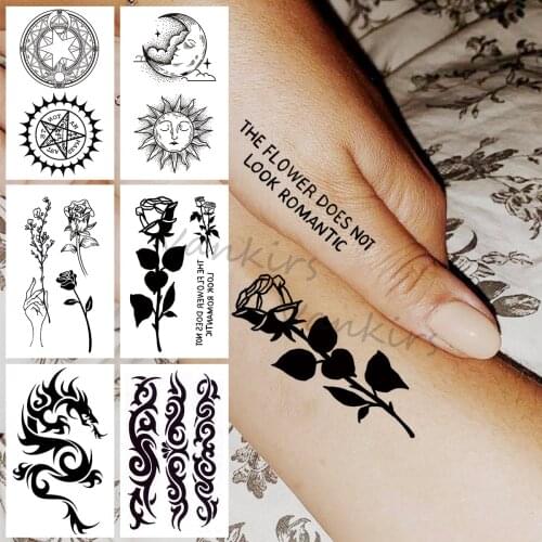 Rose Flower Letter Temporary Tattoos For Women Adults Realistic Badge Dragon Cartoon Moon Sun Fake Tattoo Sticker Forearm Tatoos