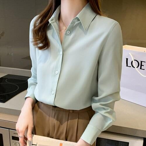 2021 Autumn Long Sleeve Satin Shirt Womens Clothing Fashion Lapel OL Lady Workwear White Tops Women Elegant Luster Blouse Femme