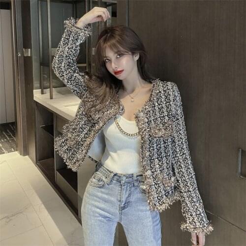 New Autumn Winter Women Slim Short Tweed Jacket Check Cardigan Female Fashion Single Breast Small Coat Elegant Vintage Outwear