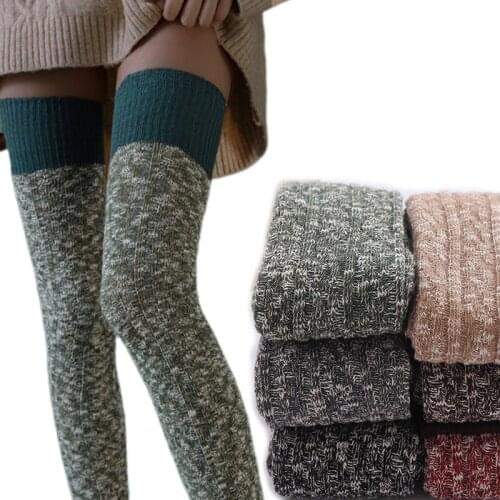 Ladies Long Stocking Winter Warm Kinnted Super Long Leg Warmer Stockings Patchwork Mixed Color