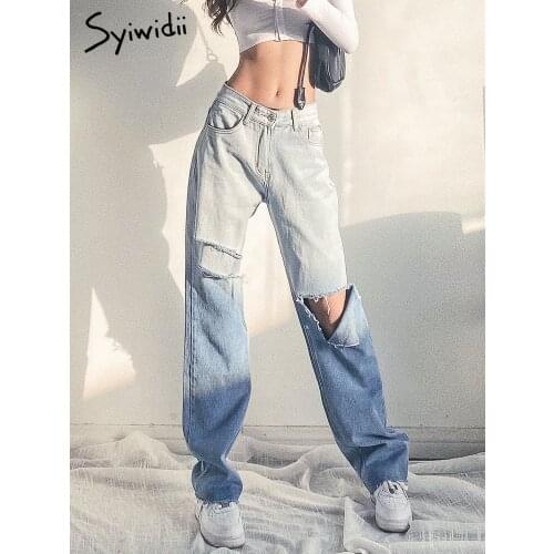 Syiwidii High Waisted Ripped Jeans for Women Denim Pants Full Length Straight Panelled Tassel Vintage Streetwear 2021 Summer Cut