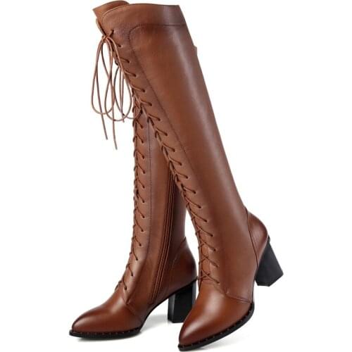 Women Knee High Boots Genuine Leather Autumn Winter Warm High Heels Shoes Woman Pointed Toe Cross-tied Quality Shoes Big Size