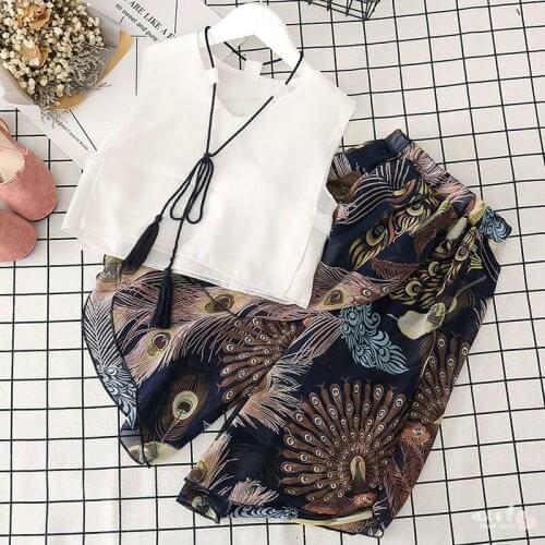 2-8y summer girls Elegant chiffon clothing sets cute peacock feather print wide leg pants and vest blouse Retro style beach set