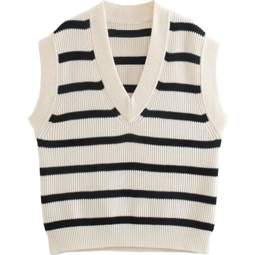 2021 New Women Fashion Oversized Striped Knitted Vest Sweater Vintage V Neck Sleeveless Female Waistcoat Chic Tops