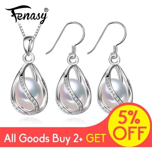 FENASY 925 Sterling Silver Set Natural Freshwater Pearl Jewerly Sets For Women Accessories Cage Jewellery Earrings Necklace Set
