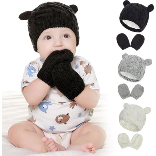 Newborn Baby Winter Hat Gloves Set Baby Kids Girls Boys Knit Hat Ear Solid Warm Cute Glove 2pcs for 0-18months Child soft