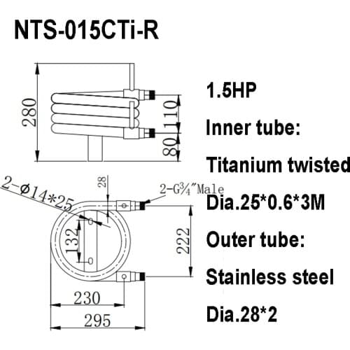 1.5hp Titanium Twisted Tube in Stainless Steel Coaxial Condenser, Seawater Condenser Heat Exchanger