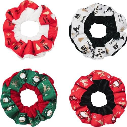 2pcs/lot Christmas Elastic Hairbands for Women Hair Ties Velvet Scruchie With Print Ribbon for Lady Girls Ponytail Holder Ties