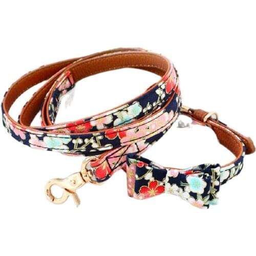 Free shipping dog collar leash sakura soft Pu+cloth Japanese kimono bows pet accessories collier pour chien collar perro coleira