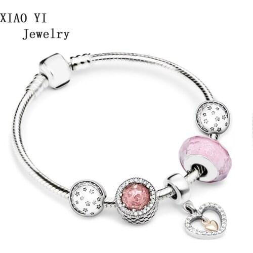 Xiaoyi 100% s925 charm pink love heart and soul telling life love bracelet set charm gift lovely beautiful gentle