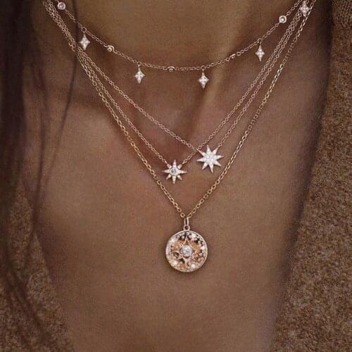 Women Boho Multi Layers Imitation Pearl Star Pendant Chain Necklace Jewelry Gift