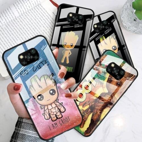 Marvel Groot Art for Xiaomi POCO X3 NFC F3 M2 X2 F2 Redmi K30 Redmi Note 9 Pro Luxury Tempered Glass Phone Case Cover