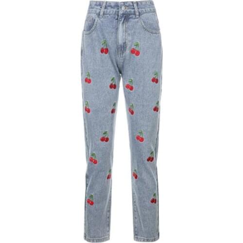Cultiseed Women Sweet Cute Cherry Embroidery Denim Jeans Pencil Pants Female New Fashion High Waist Casual Ankle Length Trousers