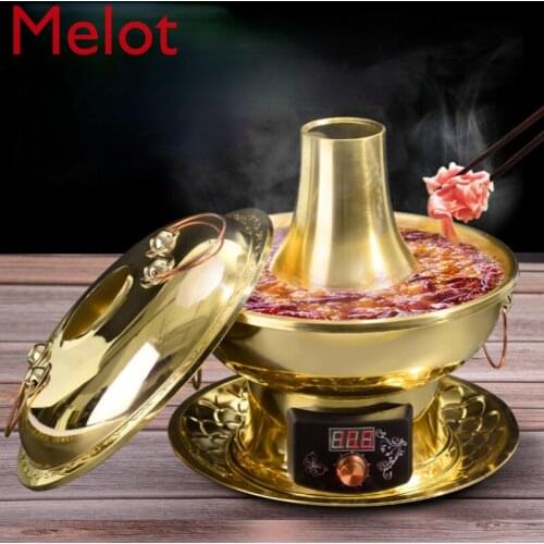 Pure Copper Electric Hot Pot Household Heating Pot Plug-in Mandarin Duck Red Copper Stove Electric Grill Dual-Use Hot Pot