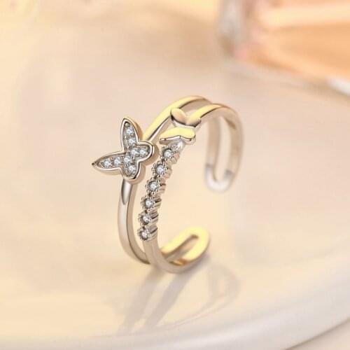 Exquisite Female Ring Silver Color Double Butterfly Mosaic Cubic Zircon Adjustable Rings for Women Fashion Jewelry Gift