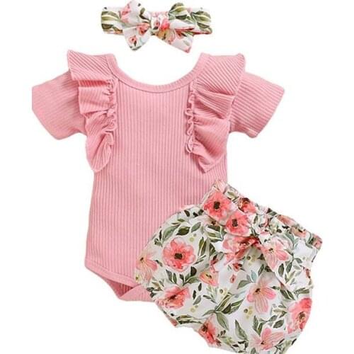 3PCS Set Newborn Baby Girls Clothes Set Ruffle Romper Tops Floral Print Short Pants Headband Toddler New Born Summer Outfits