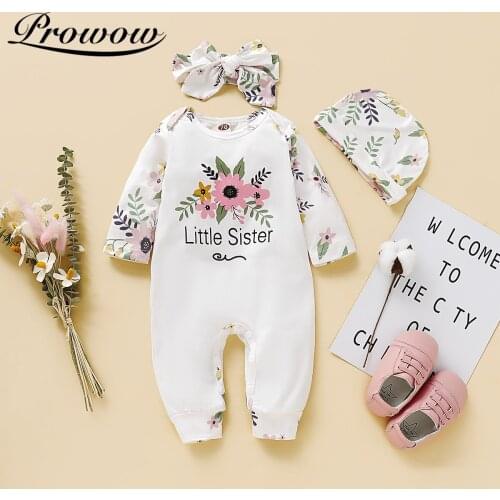 Prowow Girls Babys Rompers+Baby Hat+ Headwear Sets Newborn Jumpsuit For Kids Floral Baby Sleepwear Toddler Baby Girls Clothing
