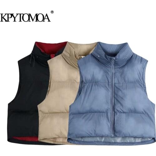 KPYTOMOA Women 2021 Fashion Hooded Hidden Inside Padded Crop Waistcoat Vintage Sleeveless Zip-up Female Outerwear Chic Veste Top