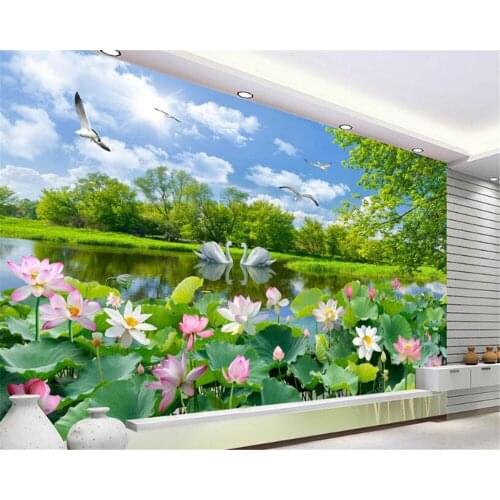 Beibehang Beautiful silk cloth landscape wall paper romantic Swan Lake Lotus living room landscape TV backdrop 3d wallpaper